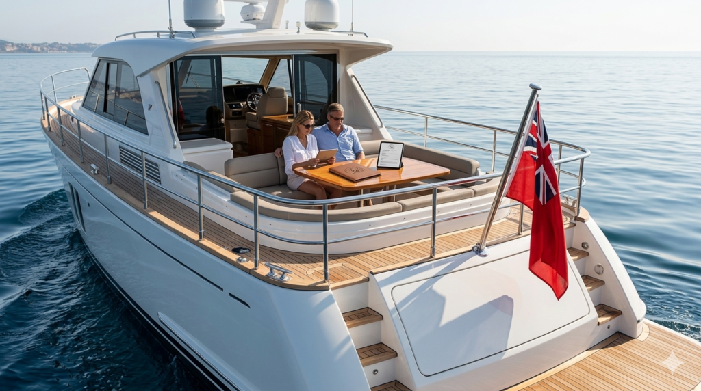 Luxury yacht with BlueWater Registration Services branding and centered stern flagstaff