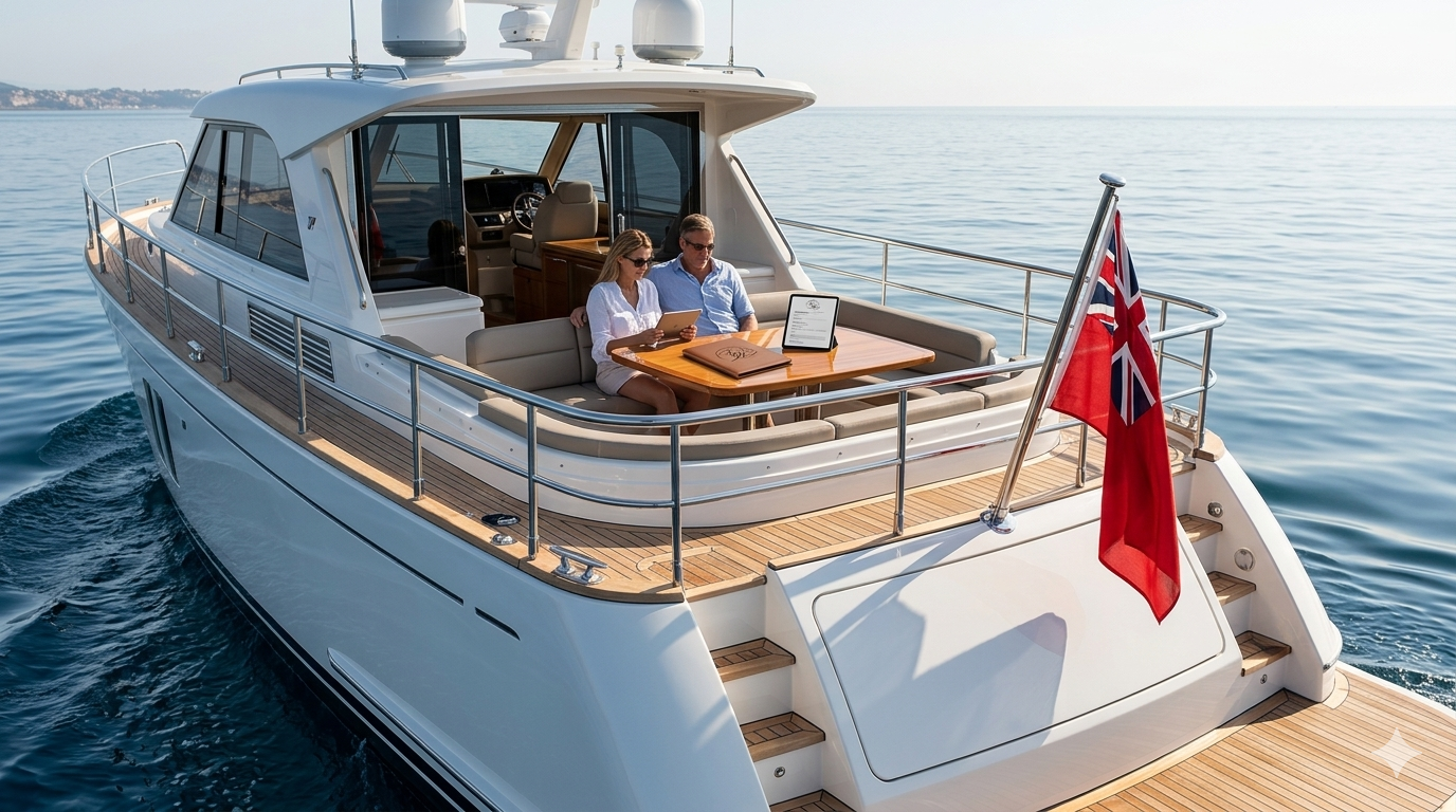 Luxury yacht with BlueWater Registration Services branding and centered stern flagstaff