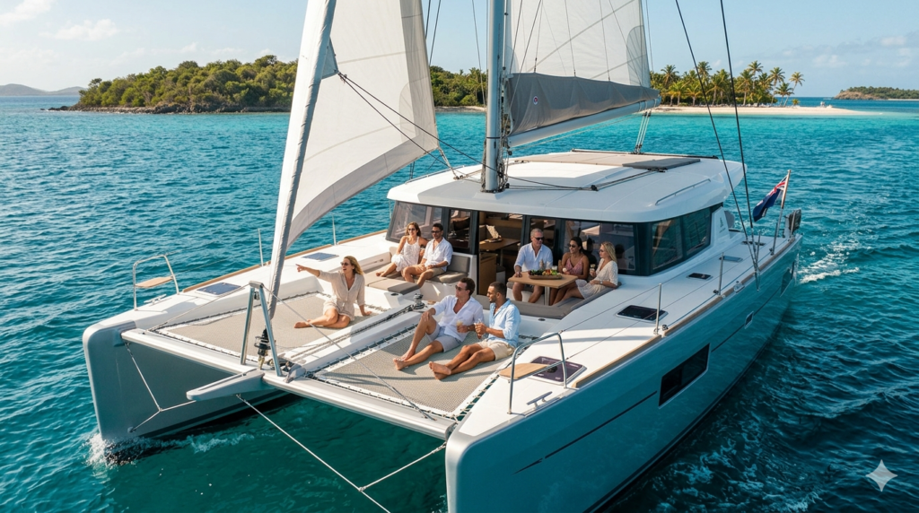 Catamarã à vela com passageiros felizes nas Caraíbas, para registo de iate comercial