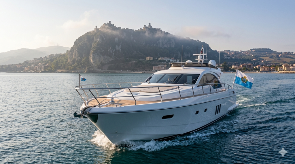 Luxury yacht approaching San Marino coastline with Monte Titano and centered stern flagstaff