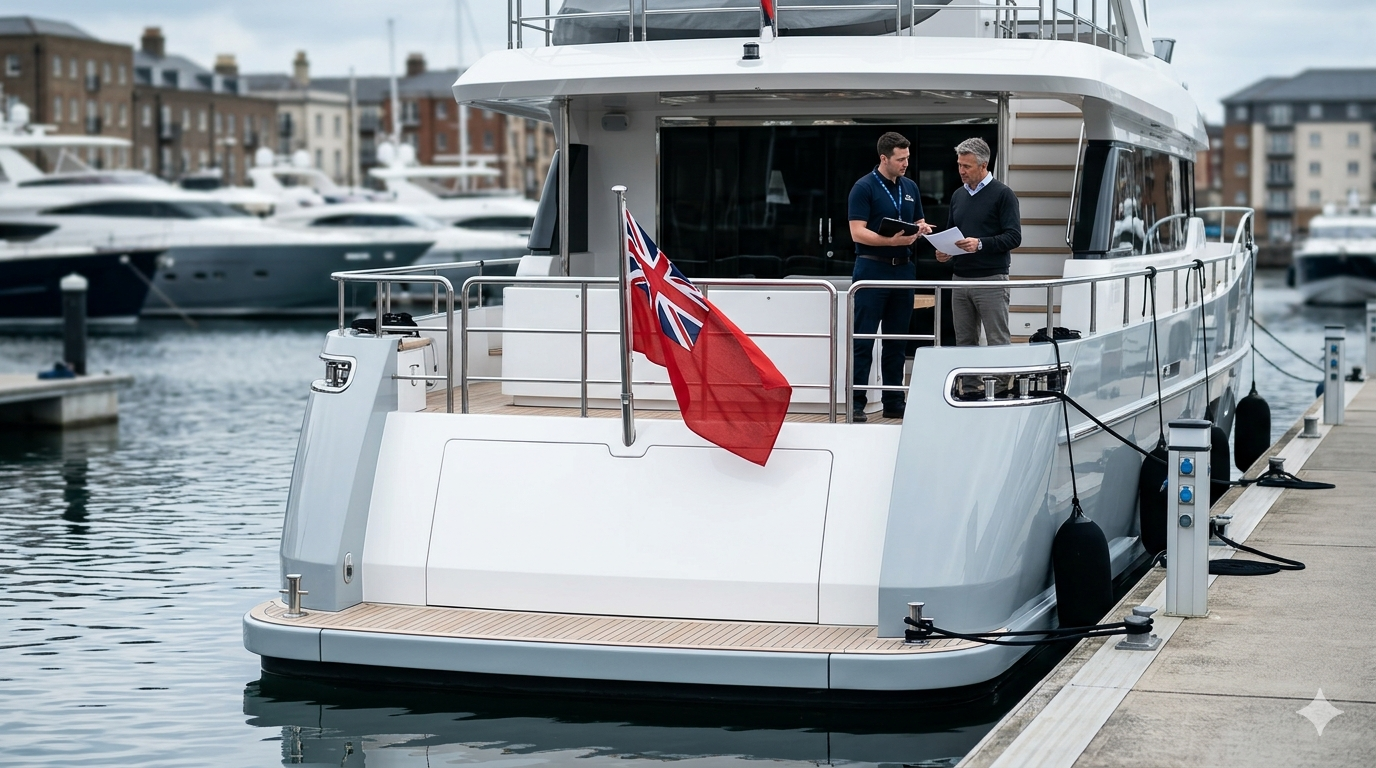 Yachtinspektion im Yachthafen zur Vermeidung einer Beschlagnahmung bei mittig angeordnetem Flaggenmast am Heck
