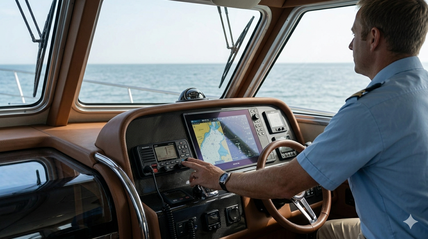 Yacht helm with VHF radio and navigation system for MMSI license communication