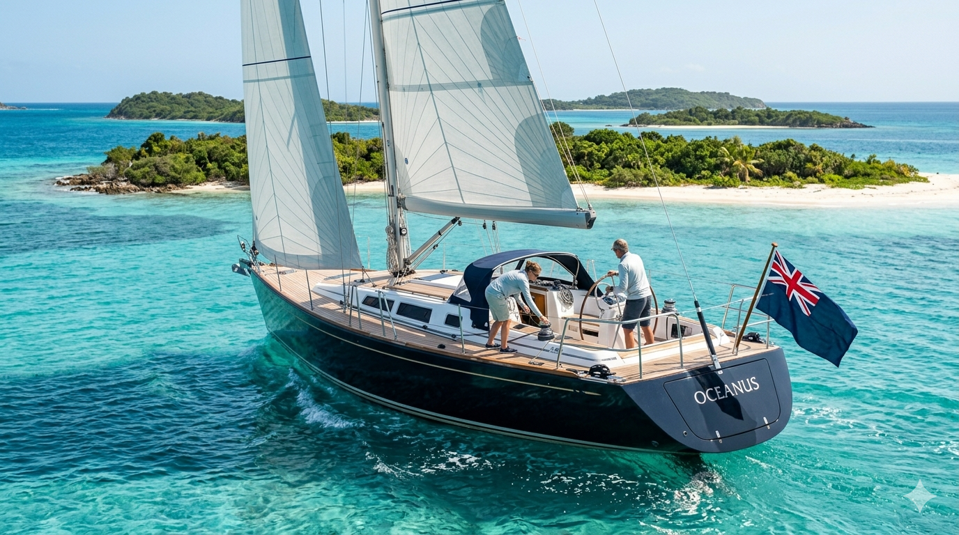 Luxus-Segelyacht, die im Winter tropische Inseln umrundet und über einen mittig angeordneten Flaggenmast am Heck verfügt