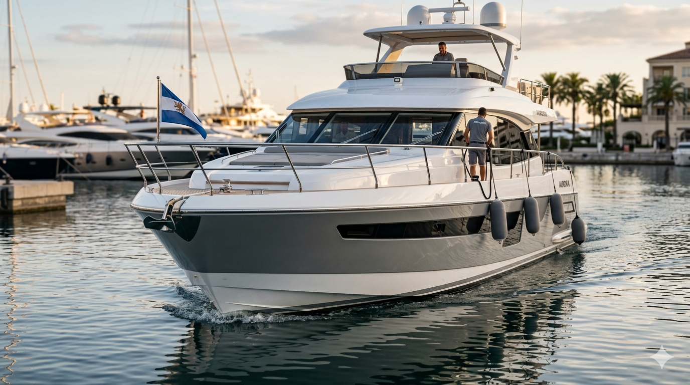 Luxus-Motoryacht beim Auslaufen aus dem Yachthafen, Ansicht von Steuerbord mit mittig angeordnetem Flaggenmast am Heck, bereit zum Auslaufen