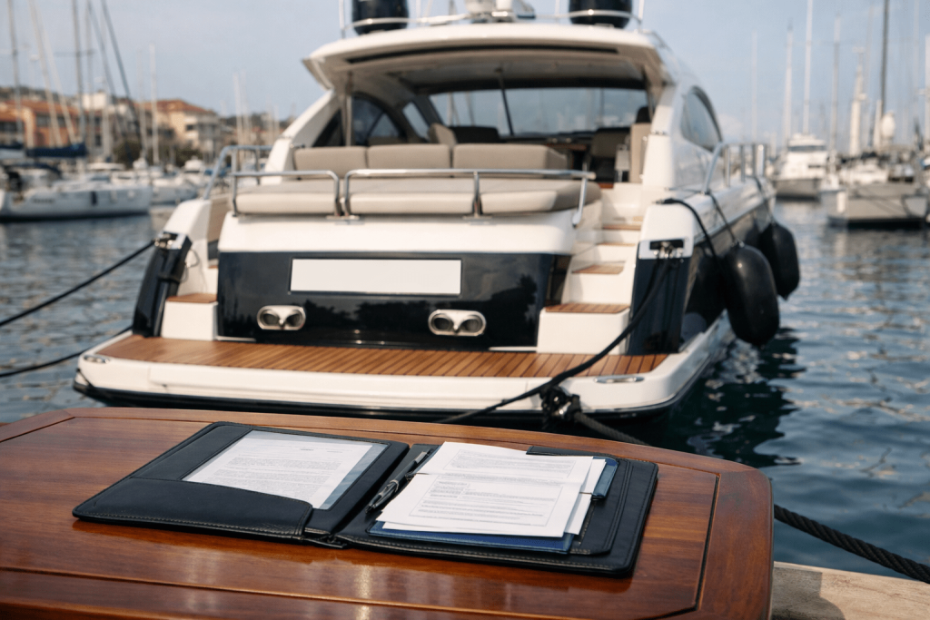 Luxury yacht in marina with mortgage registration documents
