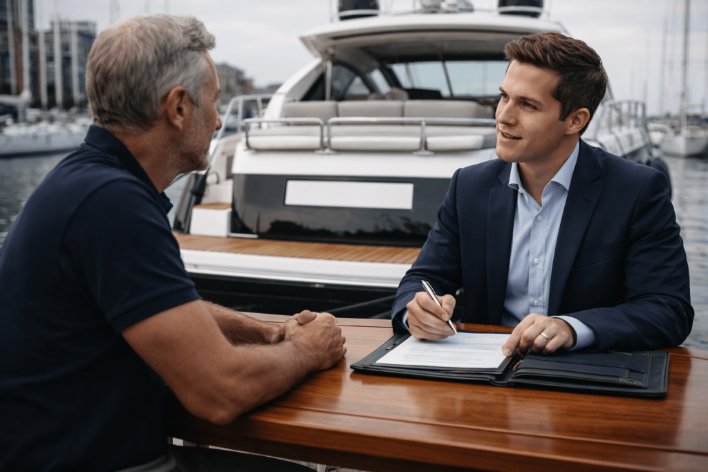 Yacht owner discussing financing with bank representative at marina