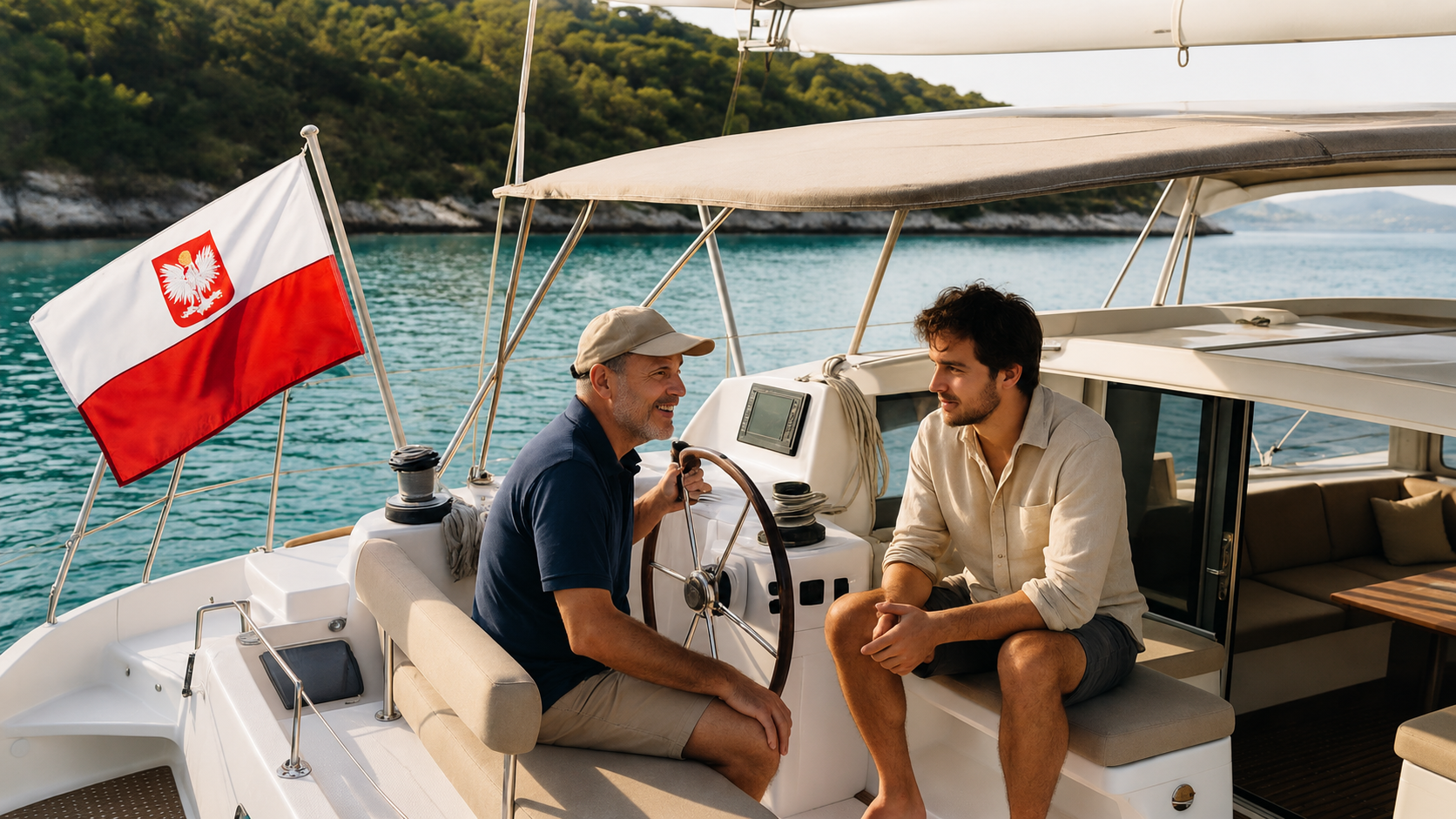 Registo de um iate polaco num catamarã à vela com bandeira polaca, mostrando os proprietários do iate a discutir os custos de registo.