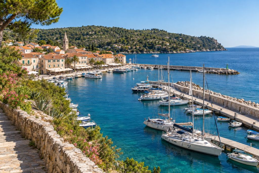 Sunny watersports editorial: harbour long view