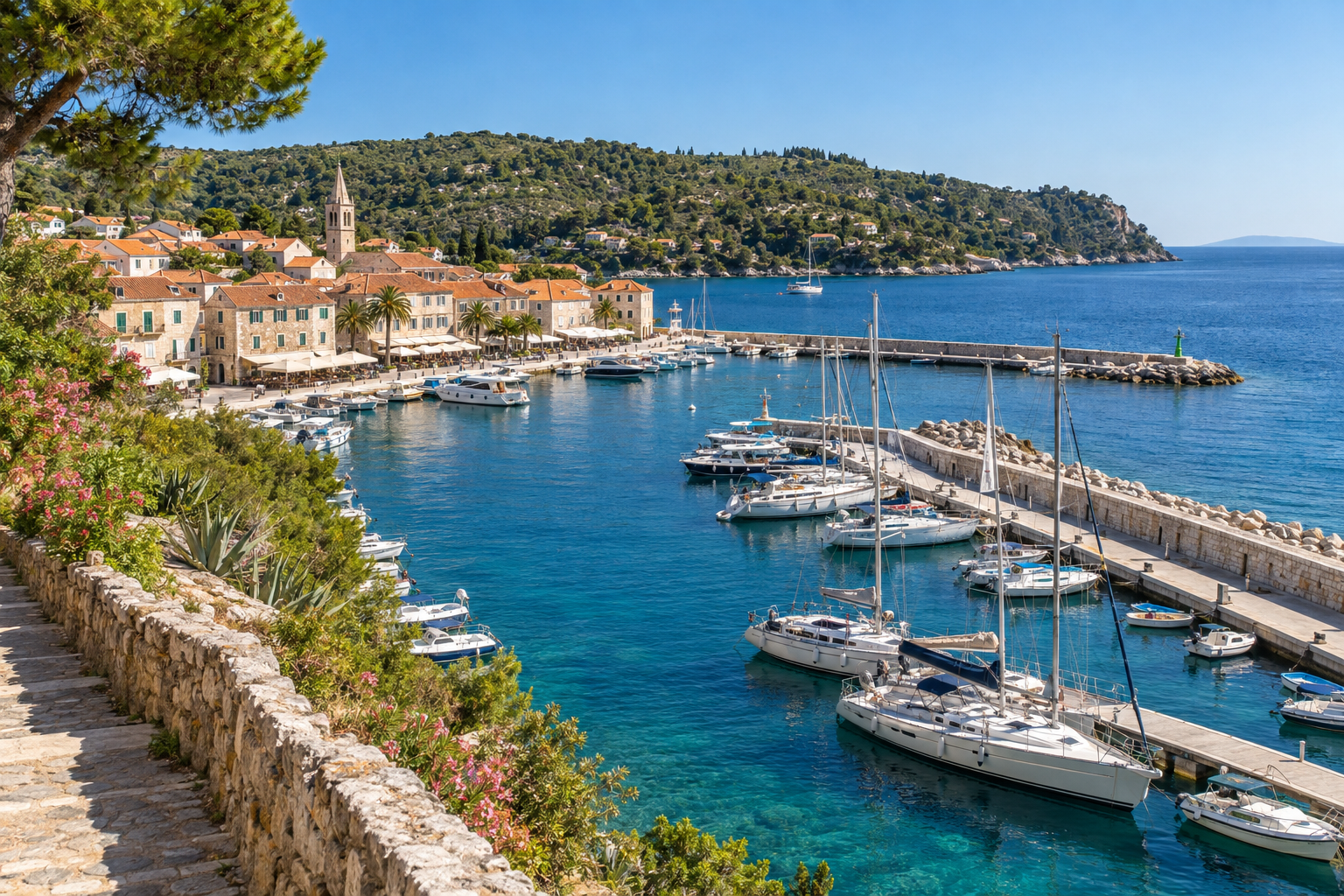 Sunny watersports editorial: harbour long view