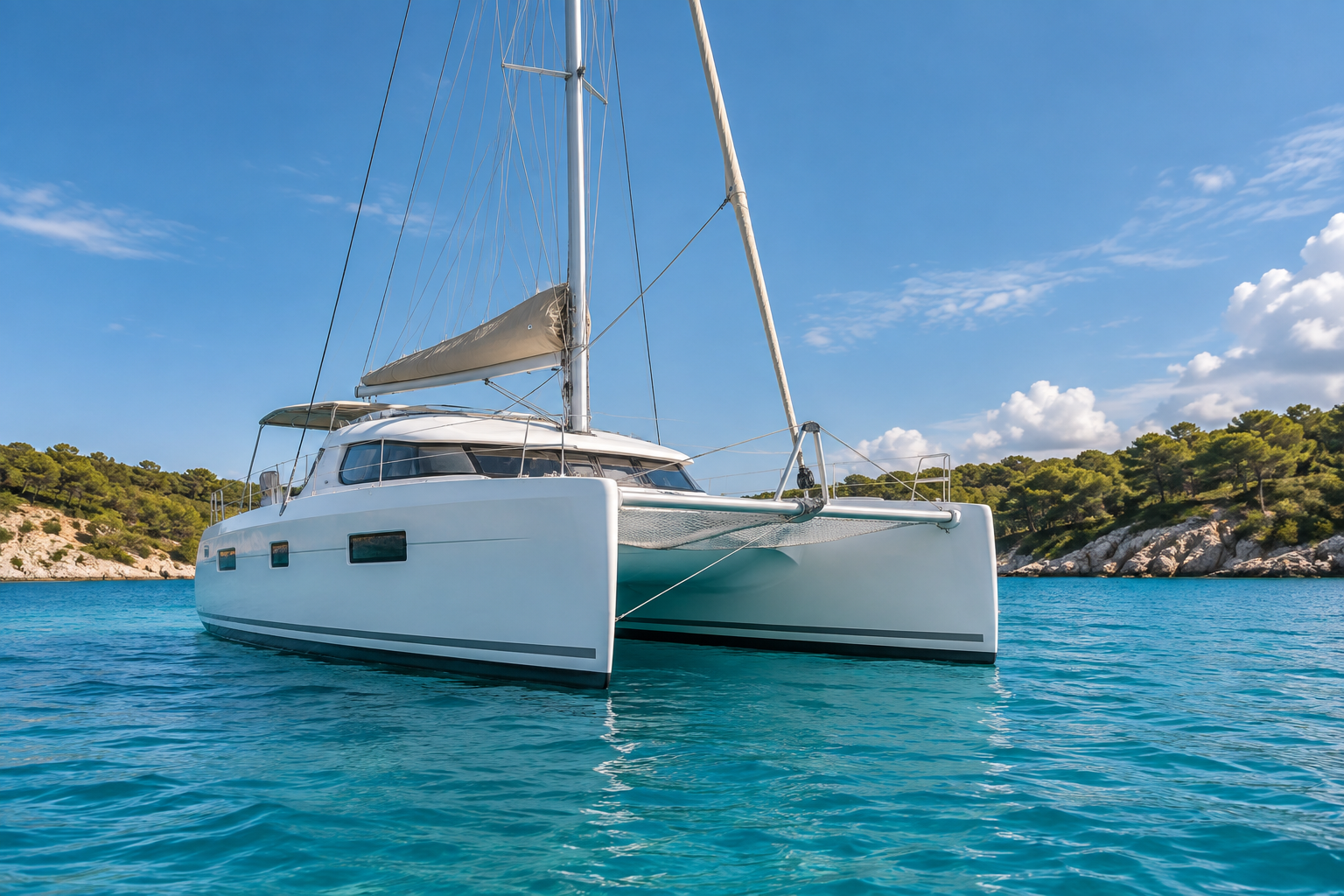 A conventional white 14-metre sailing catamaran at anchor in a bright turquoise sheltered bay, photographed from water level at a safe distance, three-quarter bow view