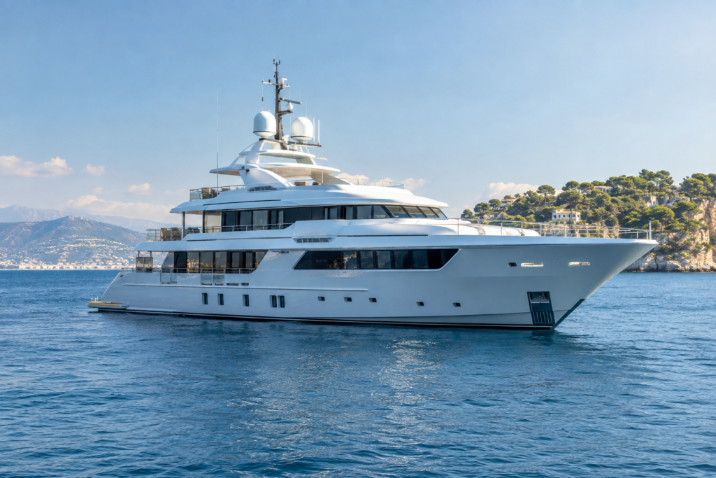 Wide professional maritime photograph of a realistic 35-metre tri-deck motor yacht anchored in a Mediterranean bay on a beautiful clear summer day